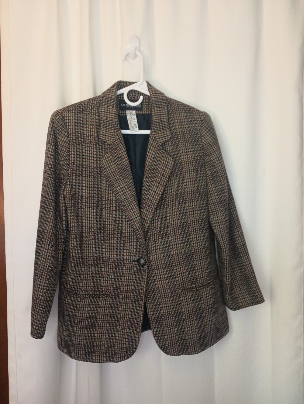 Vtg Sag Harbor Womens Dark Academia Long Line Tweed Blazer 8P Wool Blend Fall